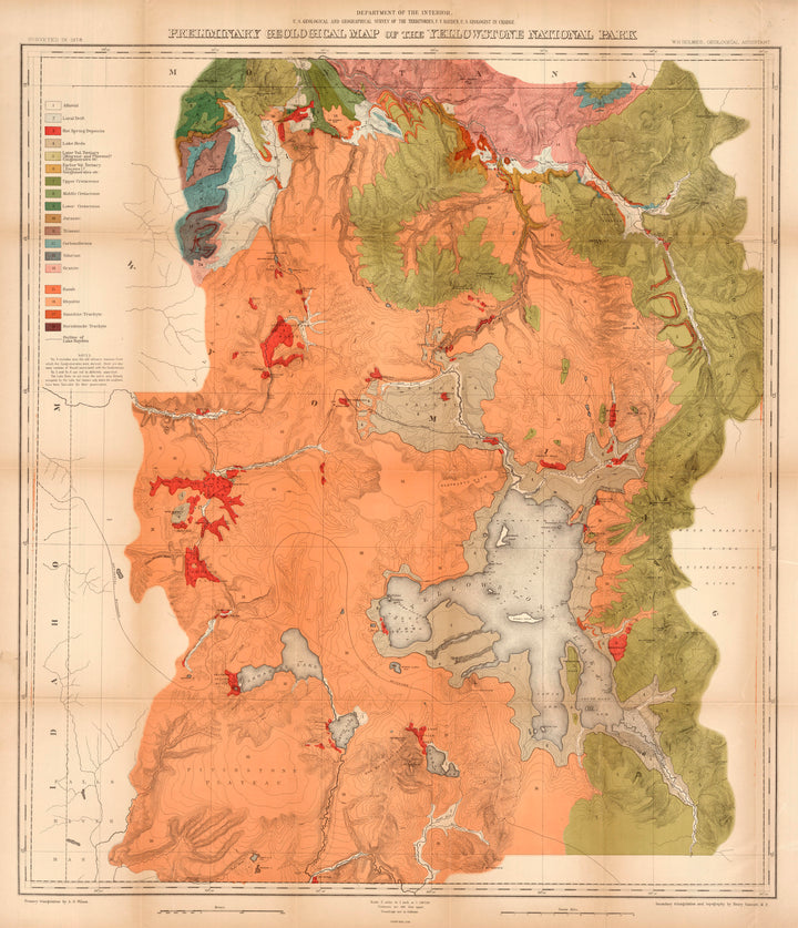 Vintage Map Print: Preliminary Geological Map of the Yellowstone National Park by Ferdinand Hayden, 1878