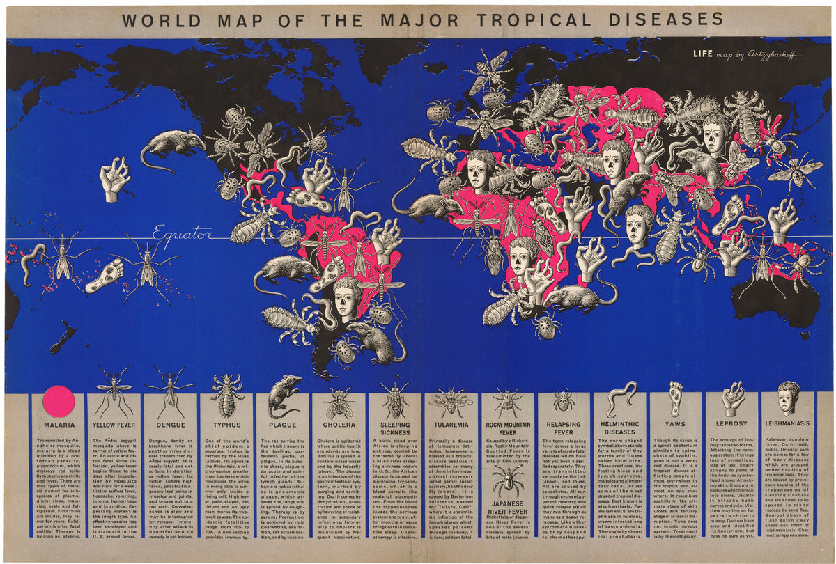 1944 World Map of Major Tropical Diseases – the Vintage Map Shop