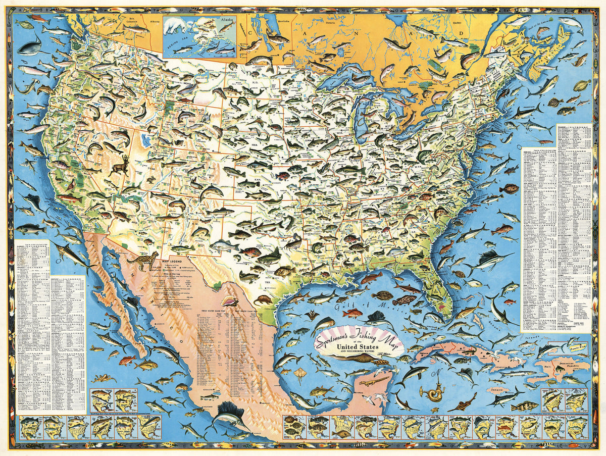 Sportsmen's Fishing Map of the United States and Neighboring Waters – the  Vintage Map Shop, Inc.