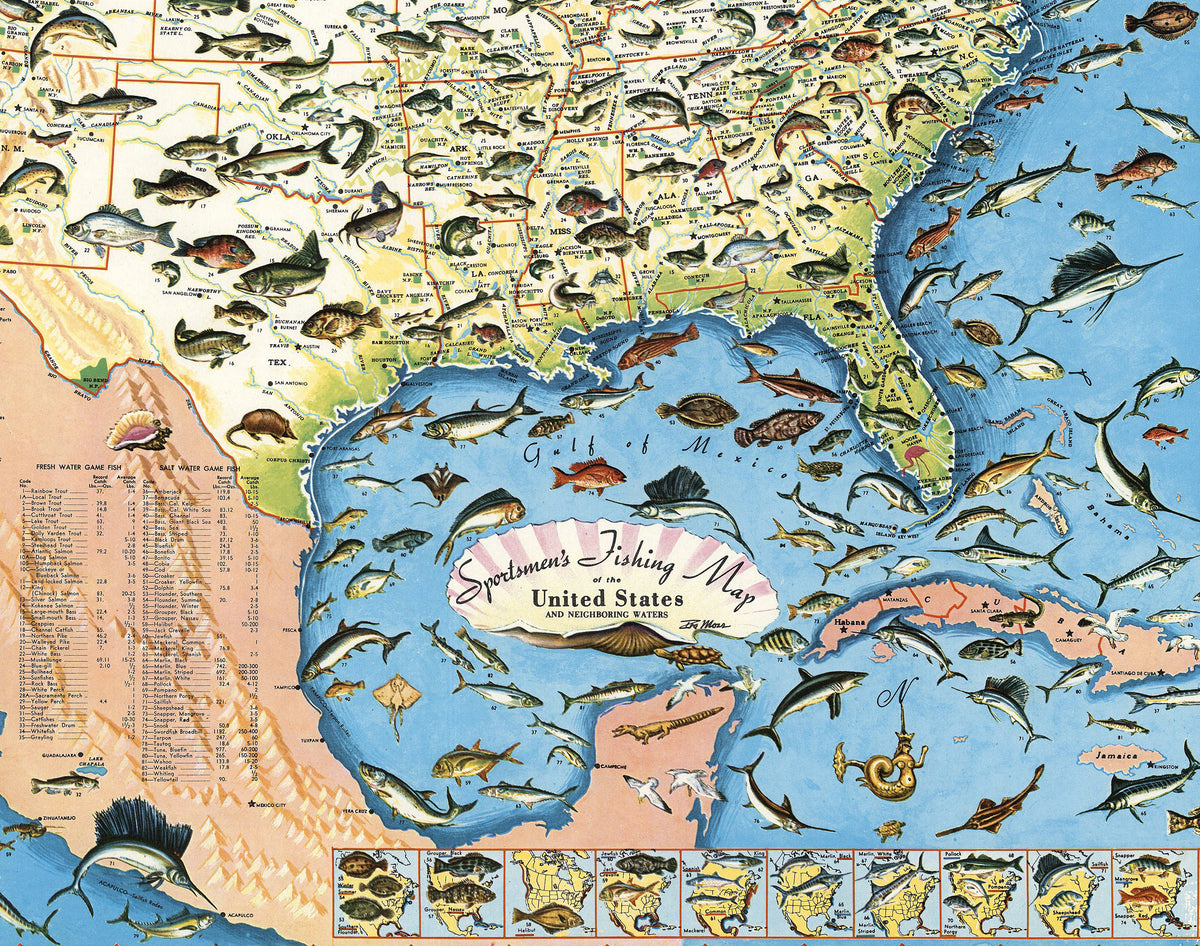 maps for fish finders Sportsmen's Fishing Map of the United States and Neighboring Waters – the Vintage Map Shop