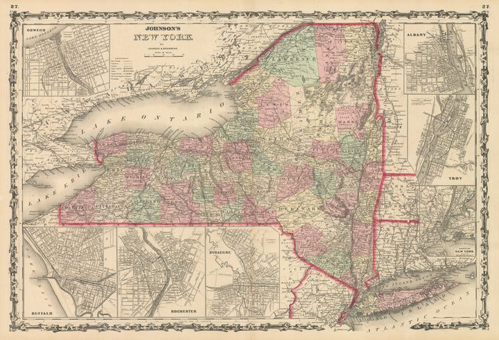 Vintage Map Print: New York State by: Johnson & Browning, 1861