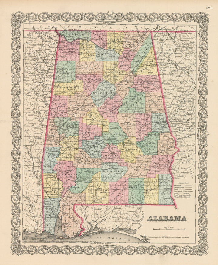 Vintage Map Print of Alabama by: Joseph H. Colton, 1856