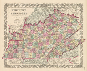 Vintage Map Print of Kentucky and Tennessee by Joseph H. Colton, 1856