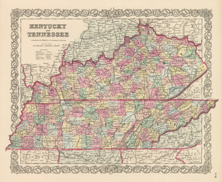 Vintage Map Print of Kentucky and Tennessee by Joseph H. Colton, 1856