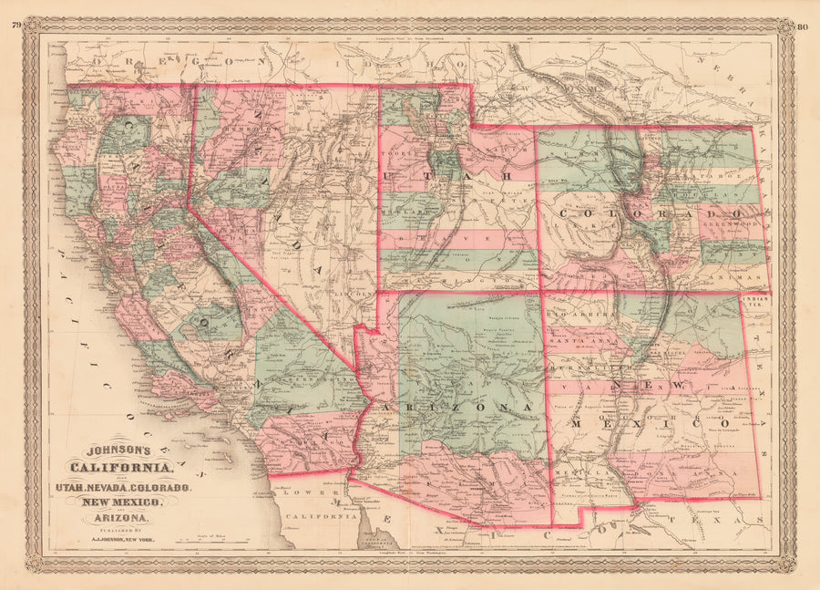 Vintage Map Print: Johnson's California also Utah, Nevada, Colorado New Mexico and Arizona, 1872