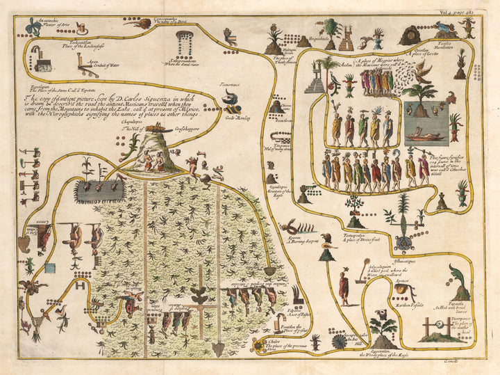 Map of Ancient Aztec Migration from the Mountains to Tenochtitlan 1720
