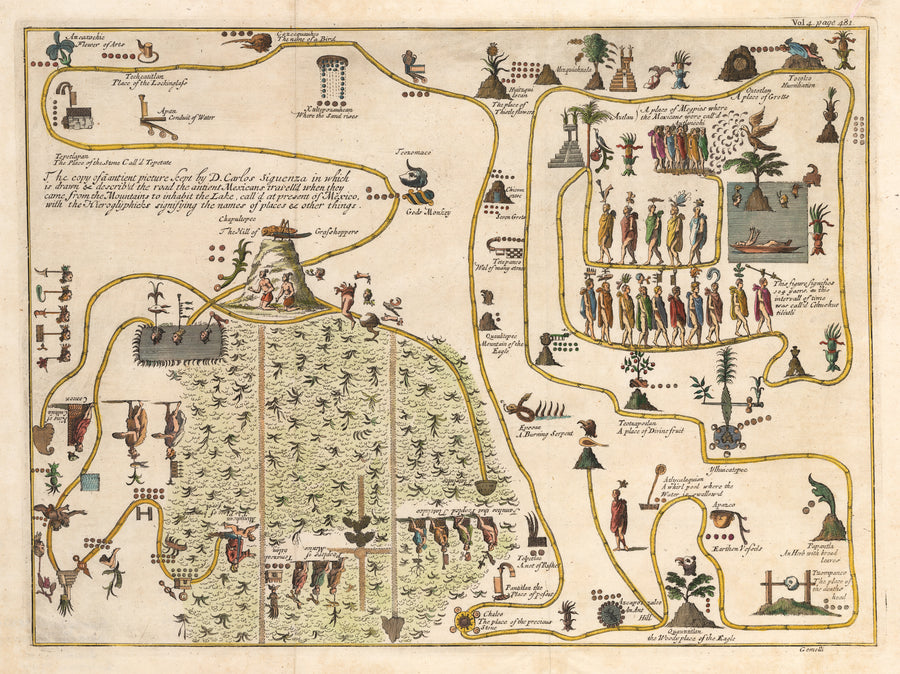 Map of Ancient Aztec Migration from the Mountains to Tenochtitlan 1720