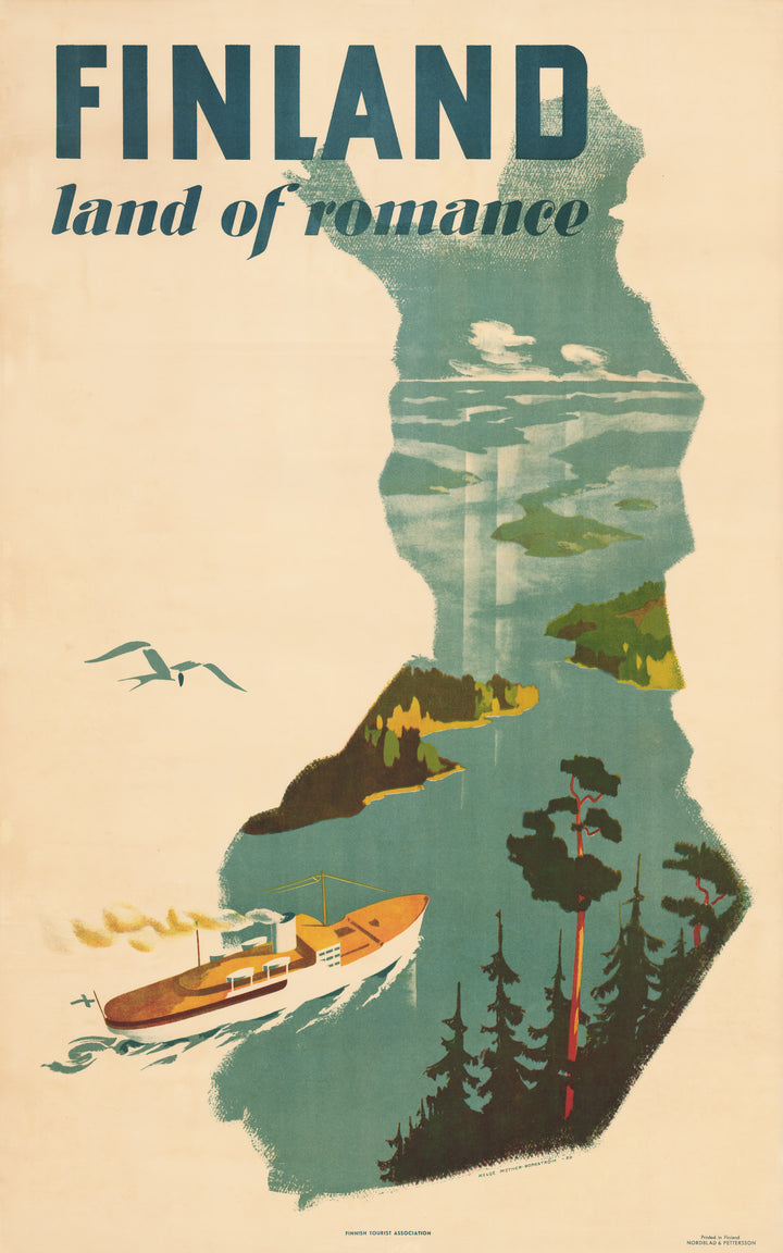 This is a vintage map reproduction of a striking mid-century travel poster / map of Finland advertising tourism to the country. Helge-Mether Borgstrom, 1950