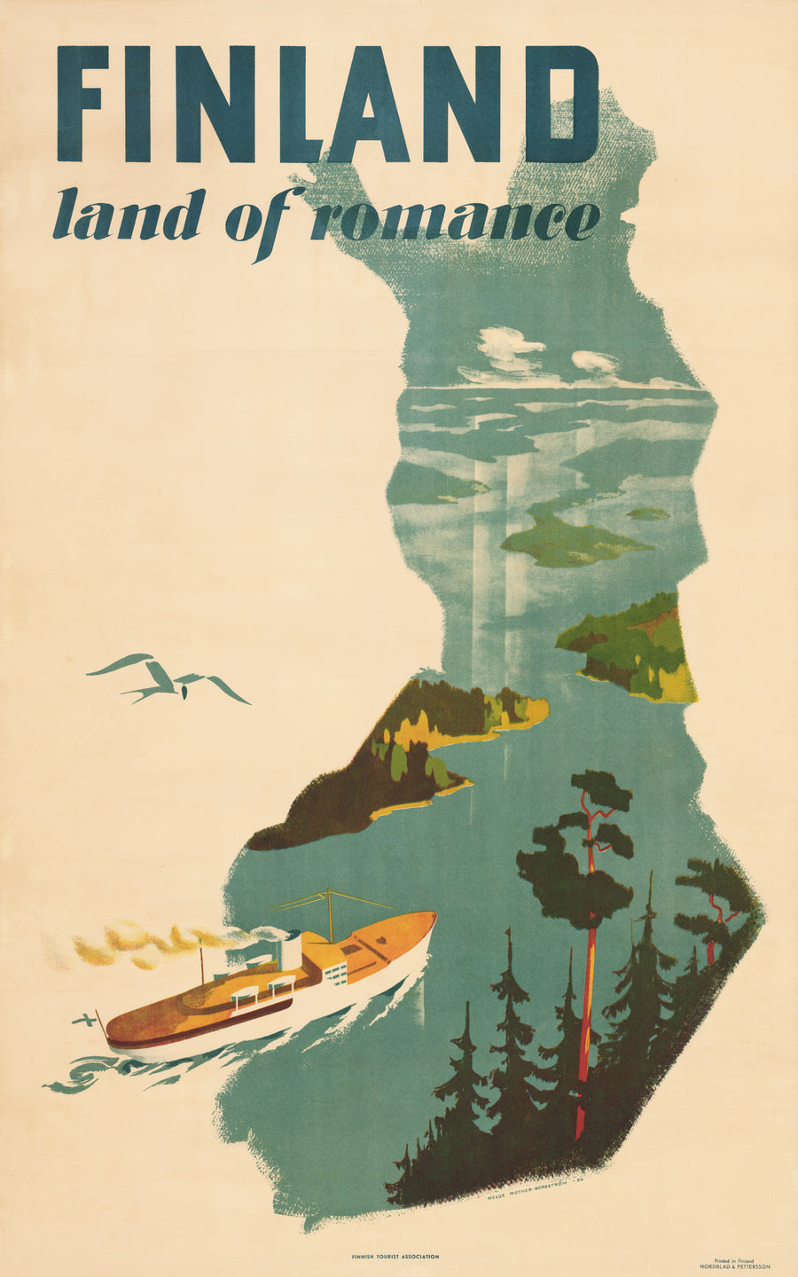 This is a vintage map reproduction of a striking mid-century travel poster / map of Finland advertising tourism to the country. Helge-Mether Borgstrom, 1950