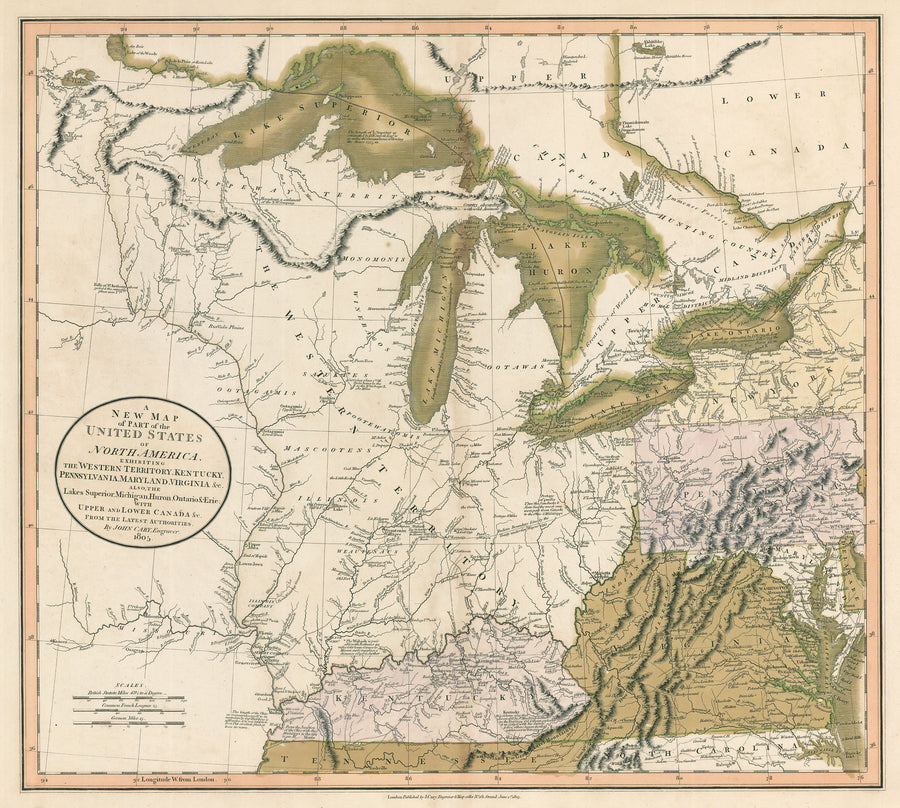 1805 Map of Part of the United States of North America, Exhibiting the Western Territory, Kentucky, Penssylvania, Mayland, Virginia &amp;c. also the Lakes Superior, Michigan, Huron, Ontario &amp; Erie.