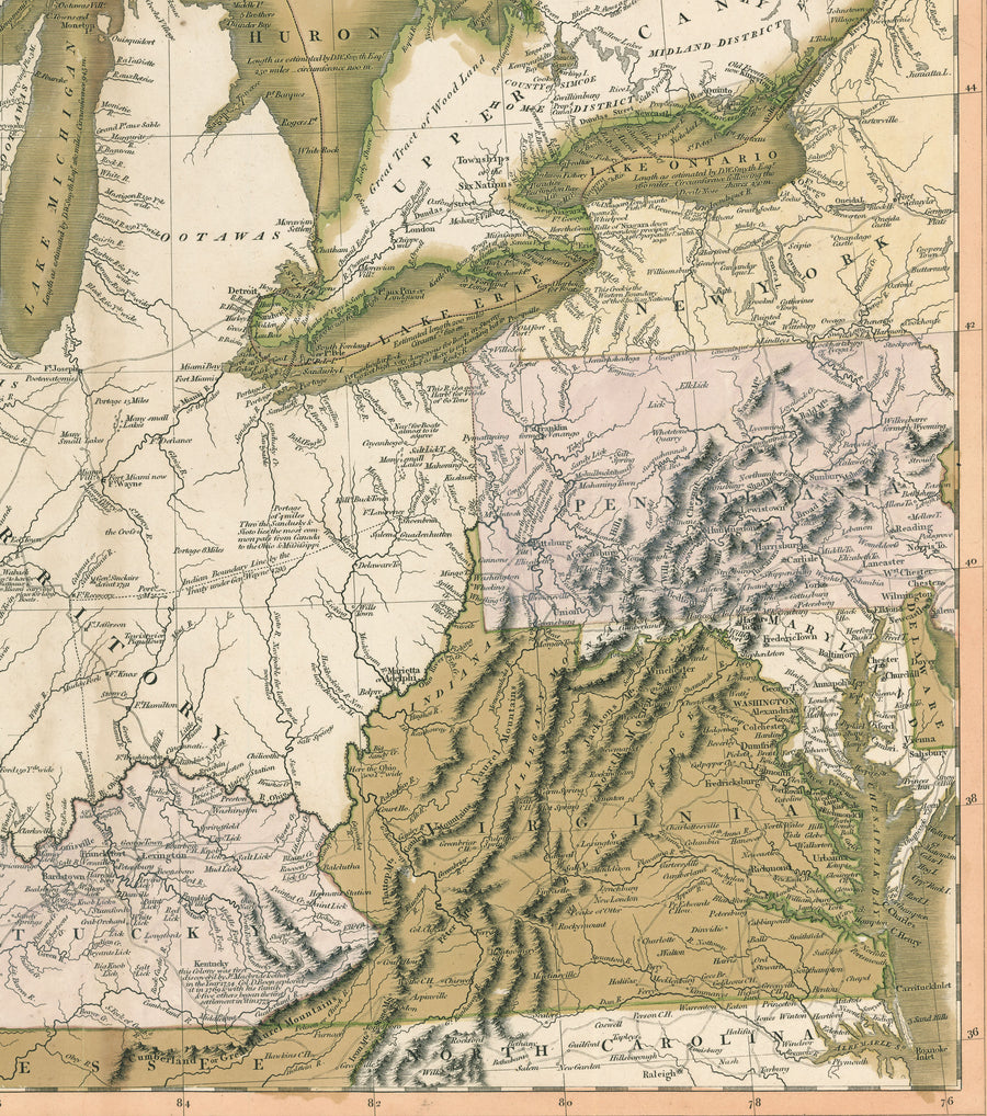 1805 Map of Part of the United States of North America, Exhibiting the Western Territory, Kentucky, Penssylvania, Mayland, Virginia &amp;c. also the Lakes Superior, Michigan, Huron, Ontario &amp; Erie.