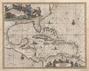 Vintage Map Print of the Caribbean: Insulae Americanae in Oceano Septentrionali cum Terris adiacentibus By: John Ogilby Date: 1671