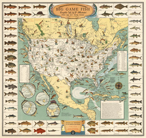 1936 Big Game Fish, Complete Map Illustrated, Fresh and Salt Water Fishing.