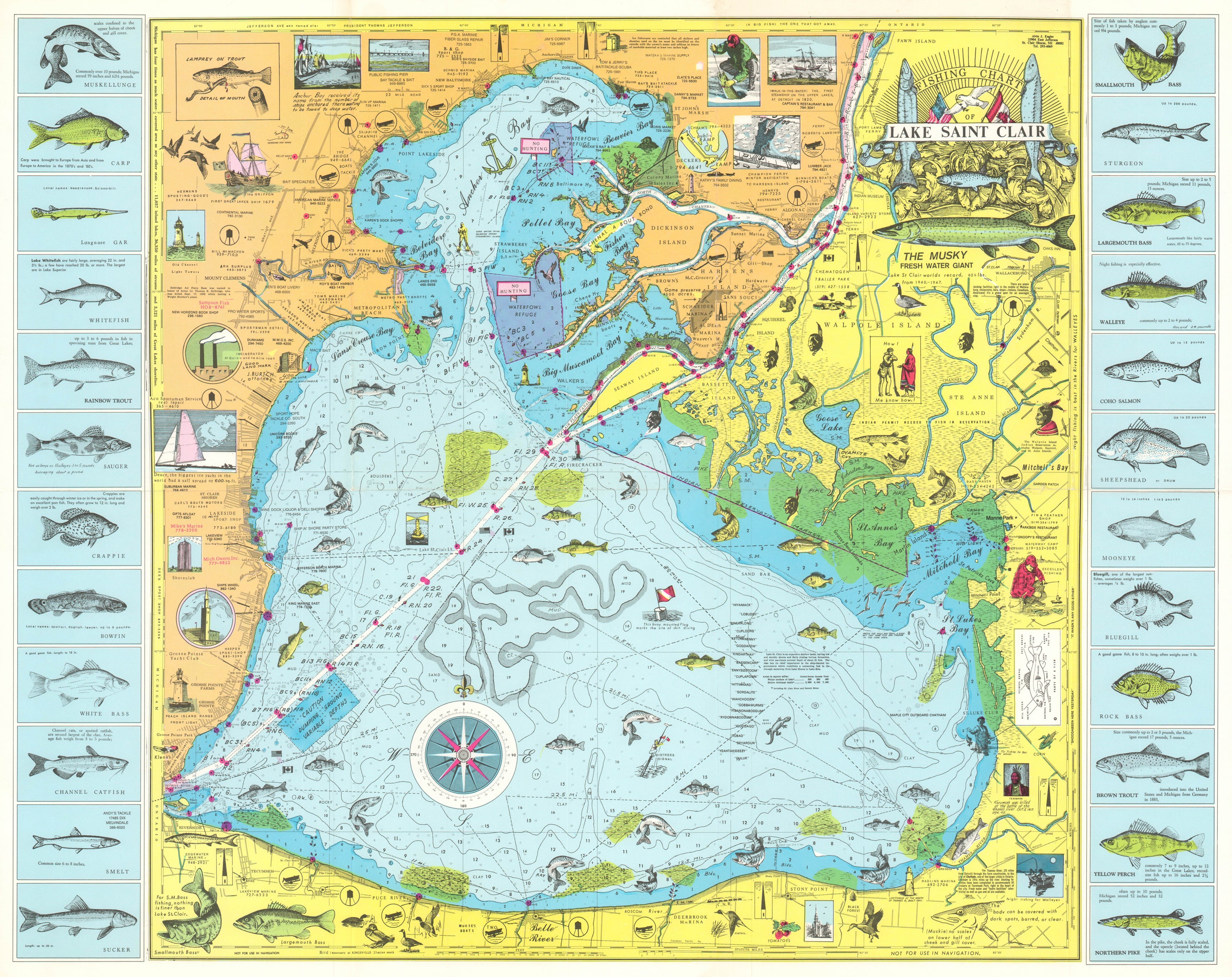 Fishing Chart of Lake Saint Clair By: A;vin Engler, 1955 – the Vintage Map  Shop, Inc.