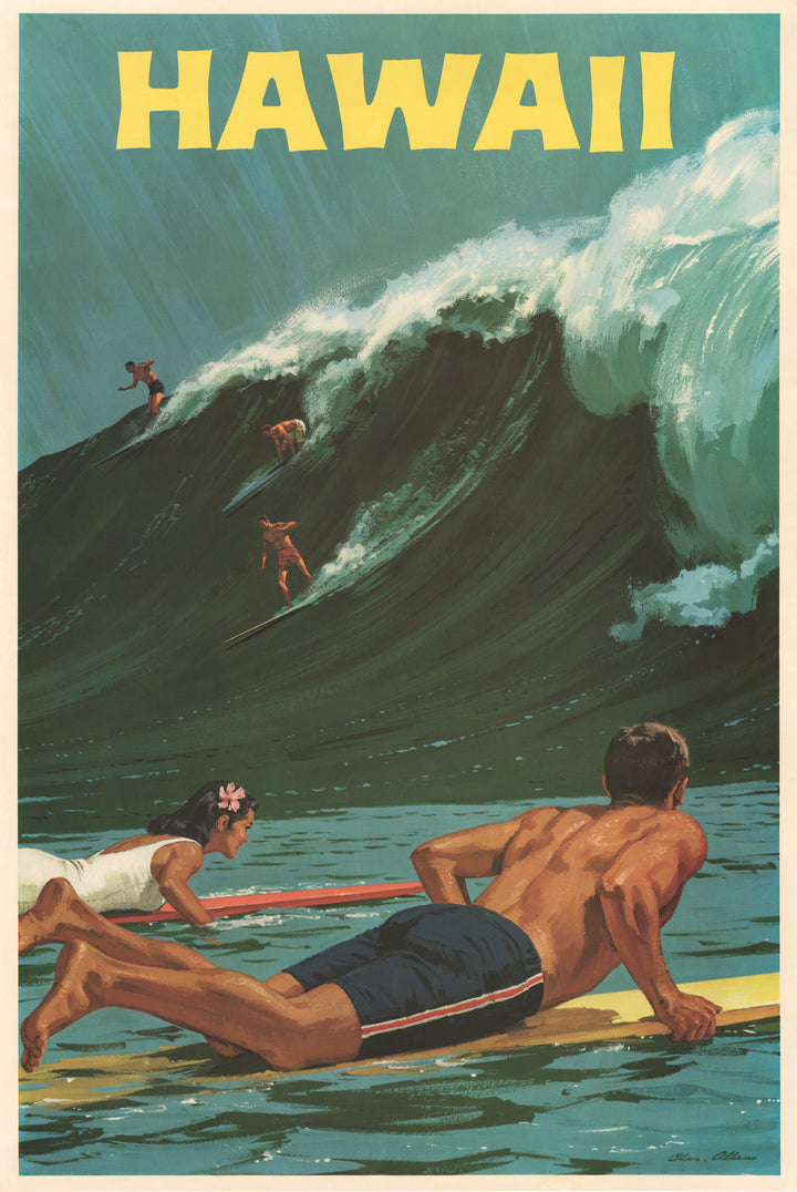 Vintage Travel Poster Hawaii: Big Wave Surfing by: Charles Chas Allen