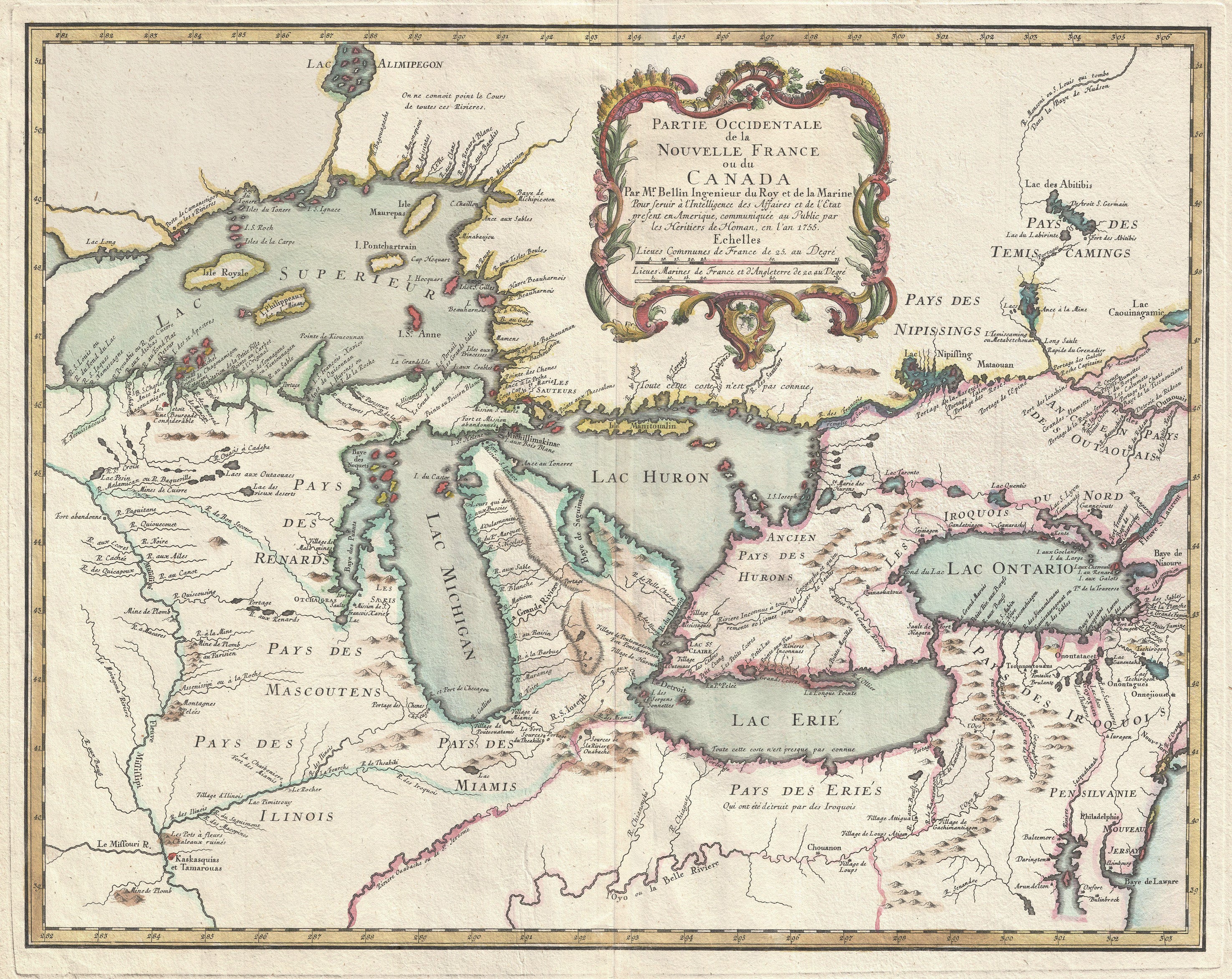 18th Century Map of the Great Lakes by: Jacques Nicolas Bellin