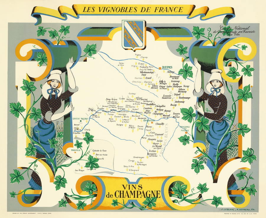 1954 Les Vignobles de France  Vins de Champagne – the Vintage Map Shop,  Inc.