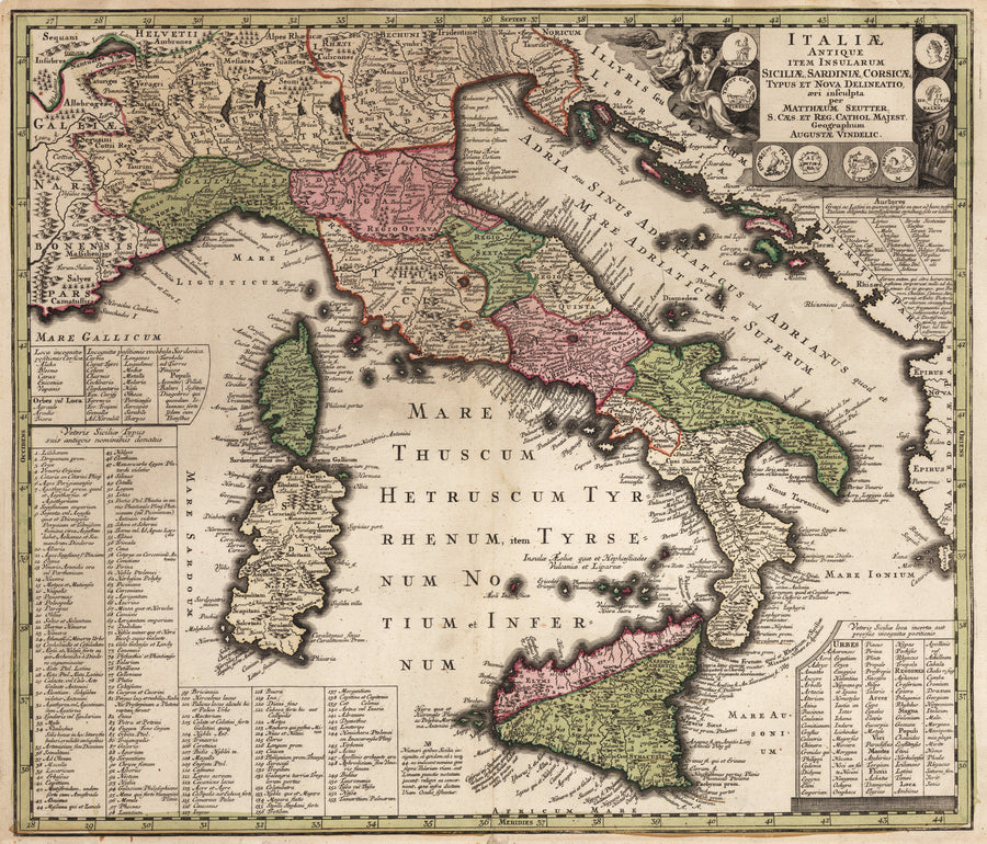 Italiae Antique Item Insularum Siciliae, Sardiniae, Corsicae... by: Seutter 1750