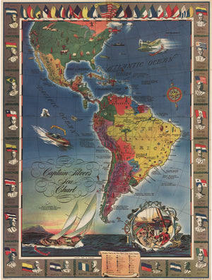 Vintage Map Reproduction - Captain Silver's Sea Chart, Western Hemisphere, Nautical, Sailing
