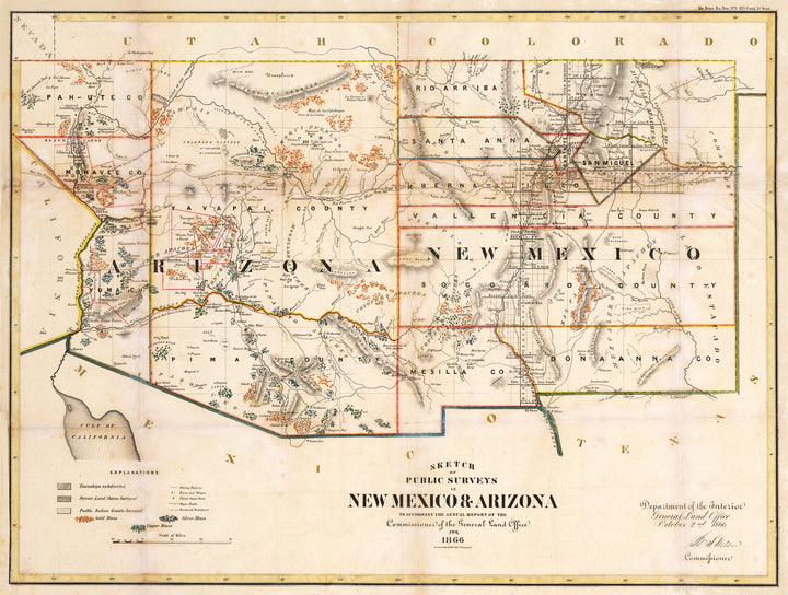 Sketch of Public Surveys in New Mexico &amp; Arizona to accompany the annual report of the Comission of the General Land Office for 1866 By: General Land Office 