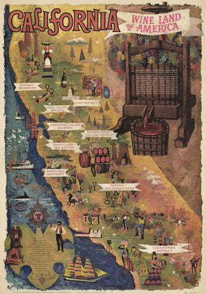 California Wine Land of America by Amado Gonzalez, 1970s - Vintage Wine Map Print