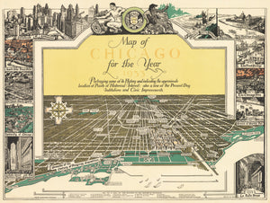 Map of Chicago for the Year 1933 Portraying some of its History and indicating the approximate location of Points of Historical Interest: also a few of the Present Day Institutions and Civic Improvements by: Ralph Fletcher Seymour - Fine Print Reproduction
