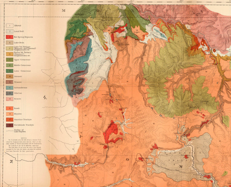 Vintage Map Print: Preliminary Geological Map of the Yellowstone National Park by Ferdinand Hayden, 1878