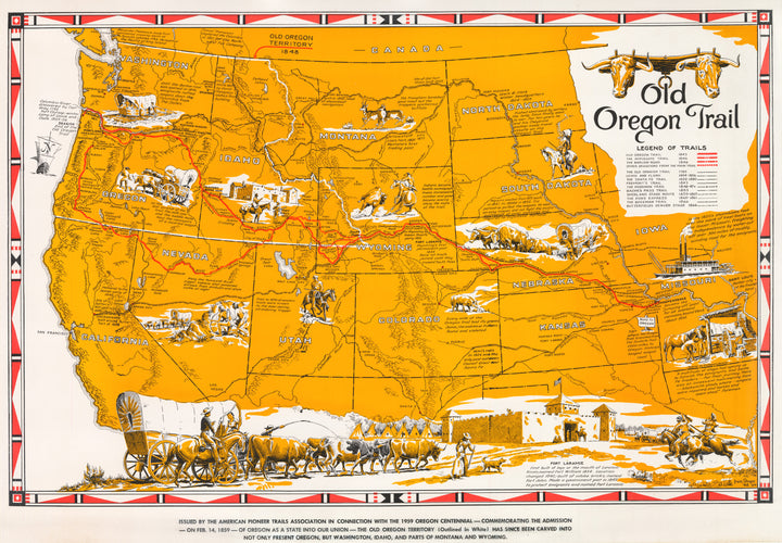 Vintage Map of the Old Oregon Trail by the American Pioneer Trails Association, 1959 - Fine Print Reproduction