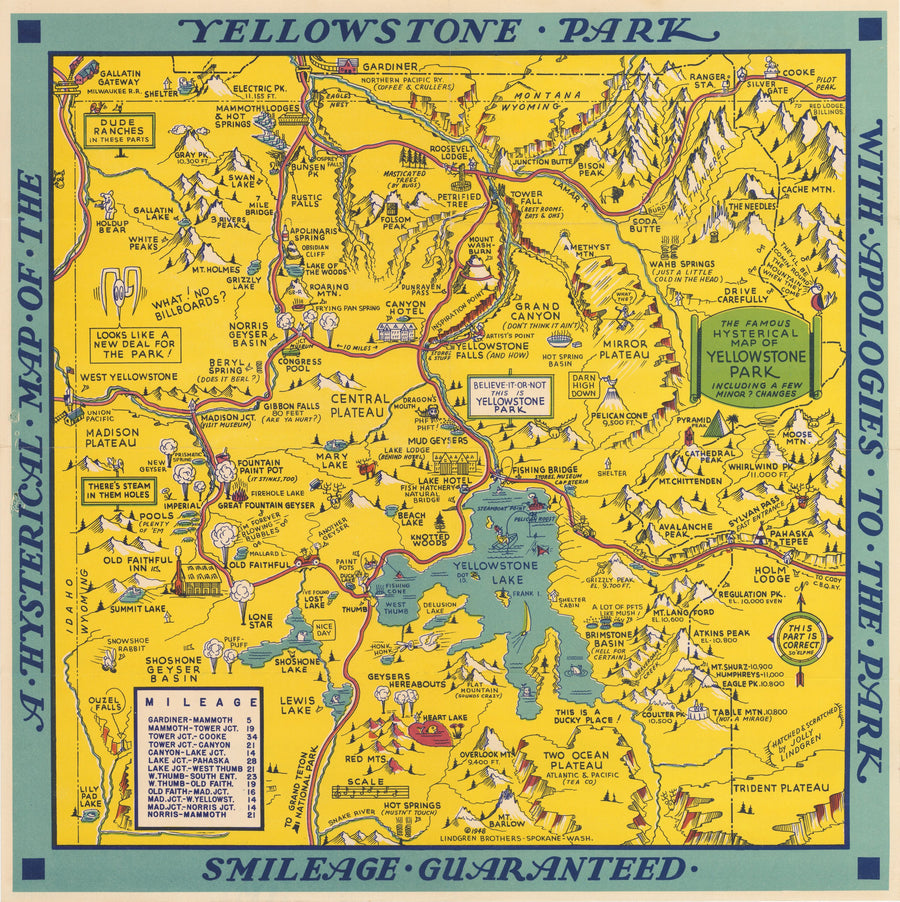 Vintage Map Reproduction: A Hysterical Map of Yellowstone Park with Apologies to the Park - Smilage Guaranteed By: The Lindgren Brothers, 1948