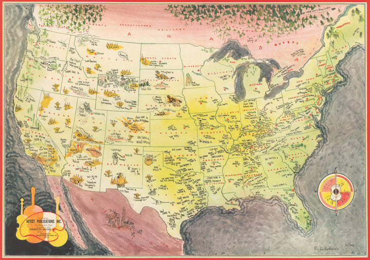 Fine Print Reproduction: Country Music and Folk Culture Map of the United States