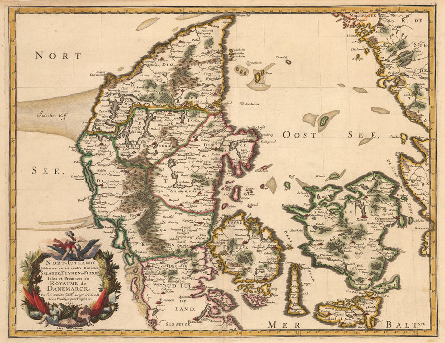 Nort-Iutlande Subdiuisee en ses Quatre Dioeceses; Selande Fuynen ou Fionie Isles et Prouinces du Royaume de Danemarck By: Nicolas Sanson Date: 1679