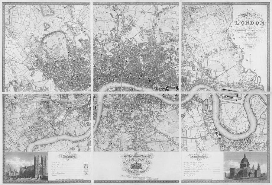 Greenwoood’s Six Sheet Map of London, 1827 | Fine Reprint Wall Mural - Black & White