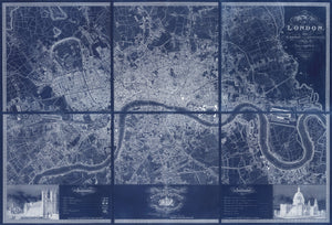 Greenwoood’s Six Sheet Map of London, 1827 | Fine Reprint Wall Mural - Blue Print