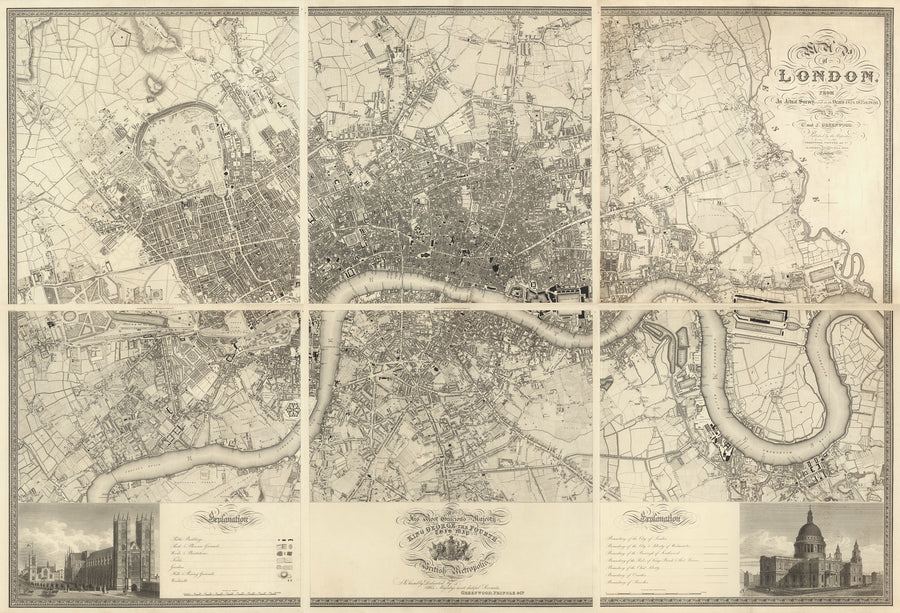 Greenwoood’s Six Sheet Map of London, 1827 | Fine Reprint Wall Mural - Original Color