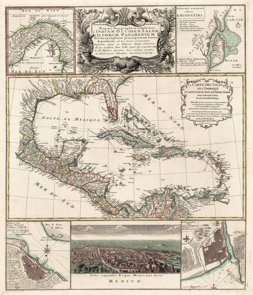 1740 Map of the Caribbean w/ View of Mexico City - theVintageMapShop ...