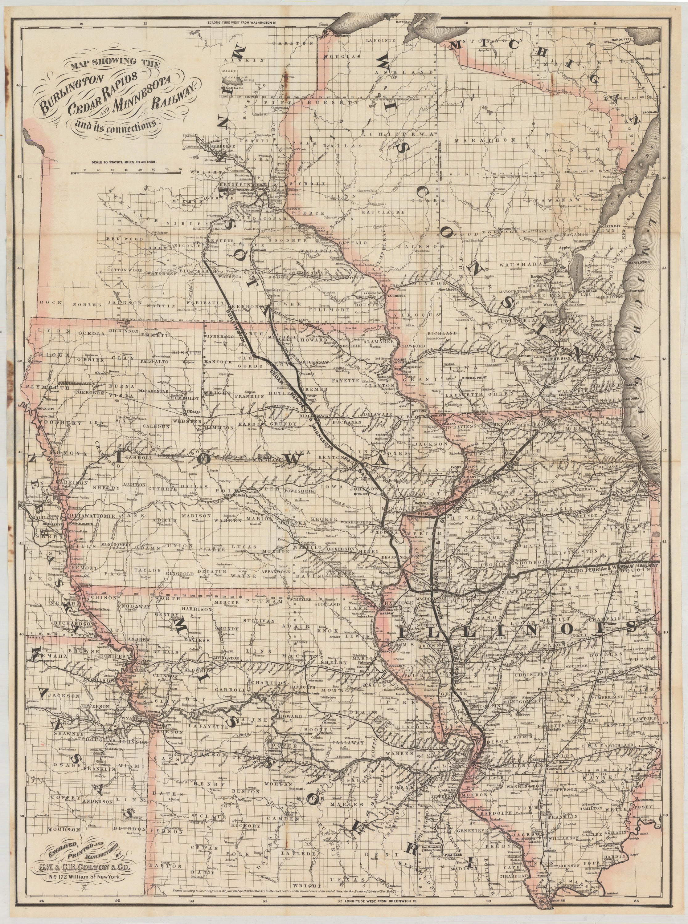 まぷページ 1868 Map Showing the Burlington Cedar Rapids and Minnesota Railway