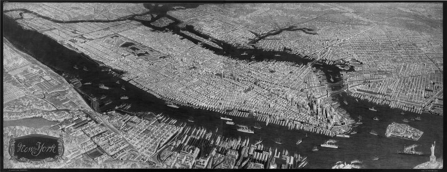 New York | Inverted & White By: Josef Ferdinand Klemm / F. E. Wachsmutg, 1908 - Bird's Eye View of Manhattan and portions of the Bronx, Queens, Brooklyn and the Jersey side of the Hudson River