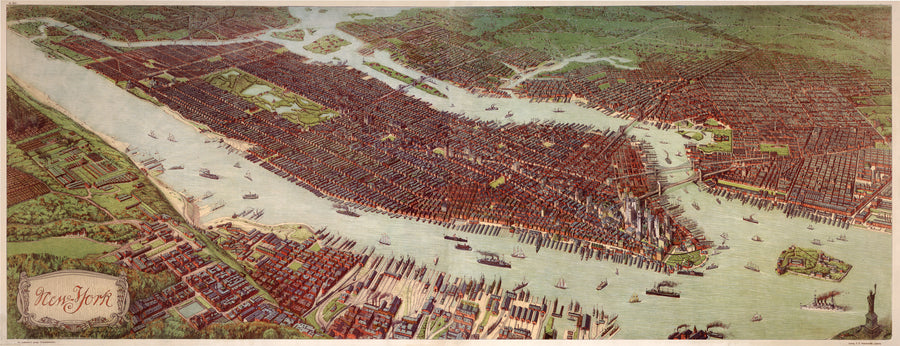 New York | Original Color By: Josef Ferdinand Klemm / F. E. Wachsmutg, 1908 - Bird's Eye View of Manhattan and portions of the Bronx, Queens, Brooklyn and the Jersey side of the Hudson River