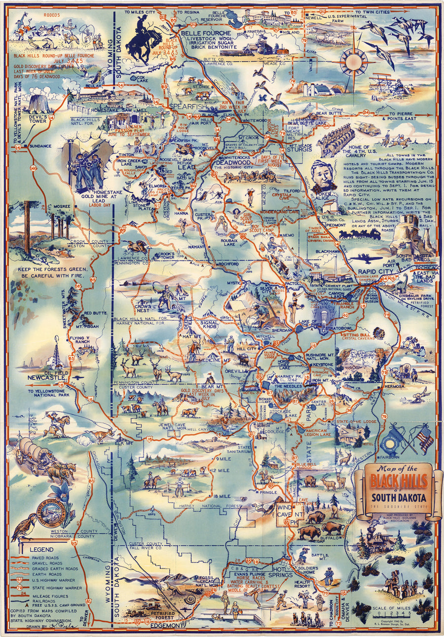 Vintage Map: Map of the Black Hills of South Dakota the Sunshine State by Bronson, 1940 | FINE PRINT REPRODUCTION