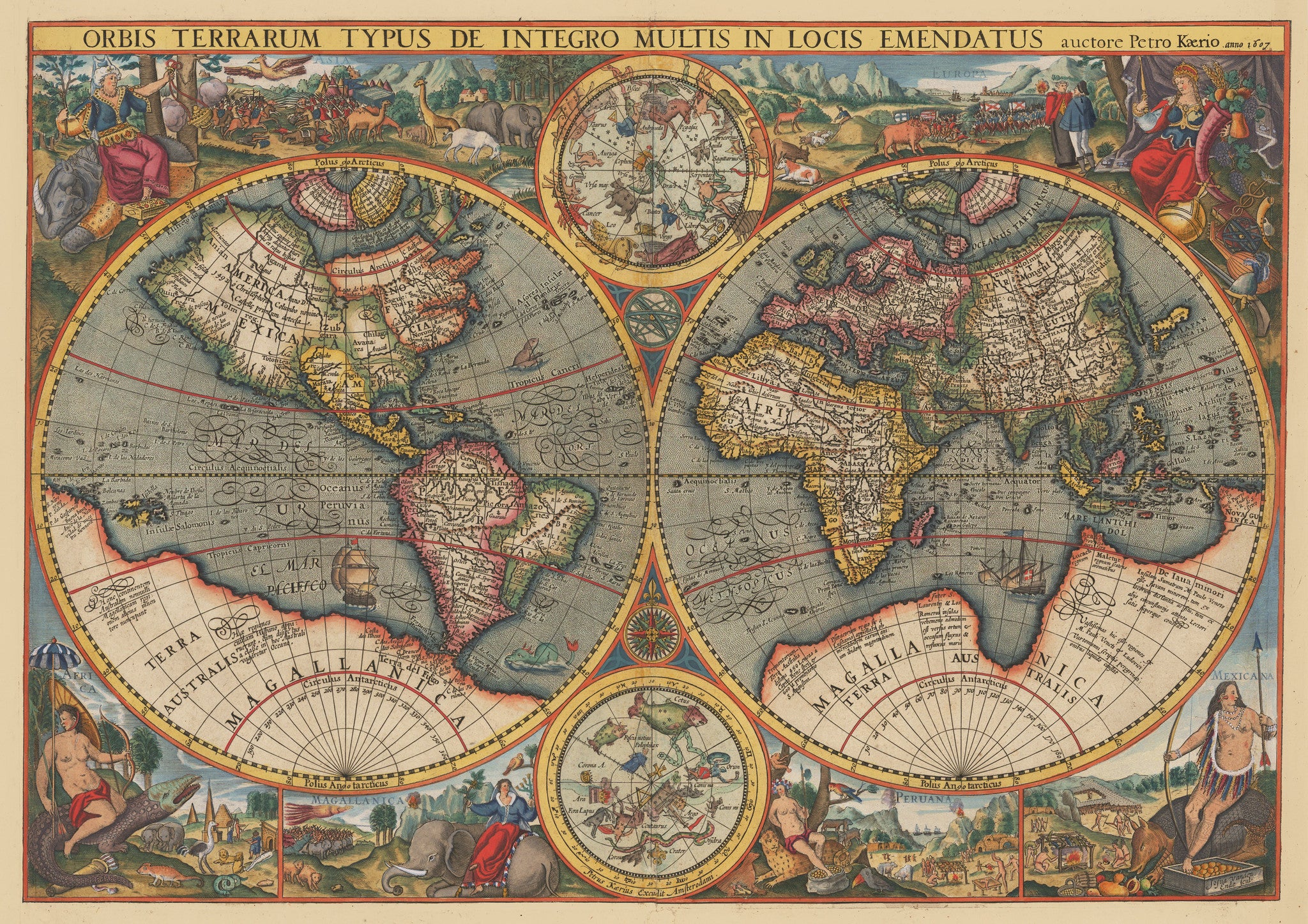 17th Century World Map By: Petro Kaerio - theVintageMapShop.com