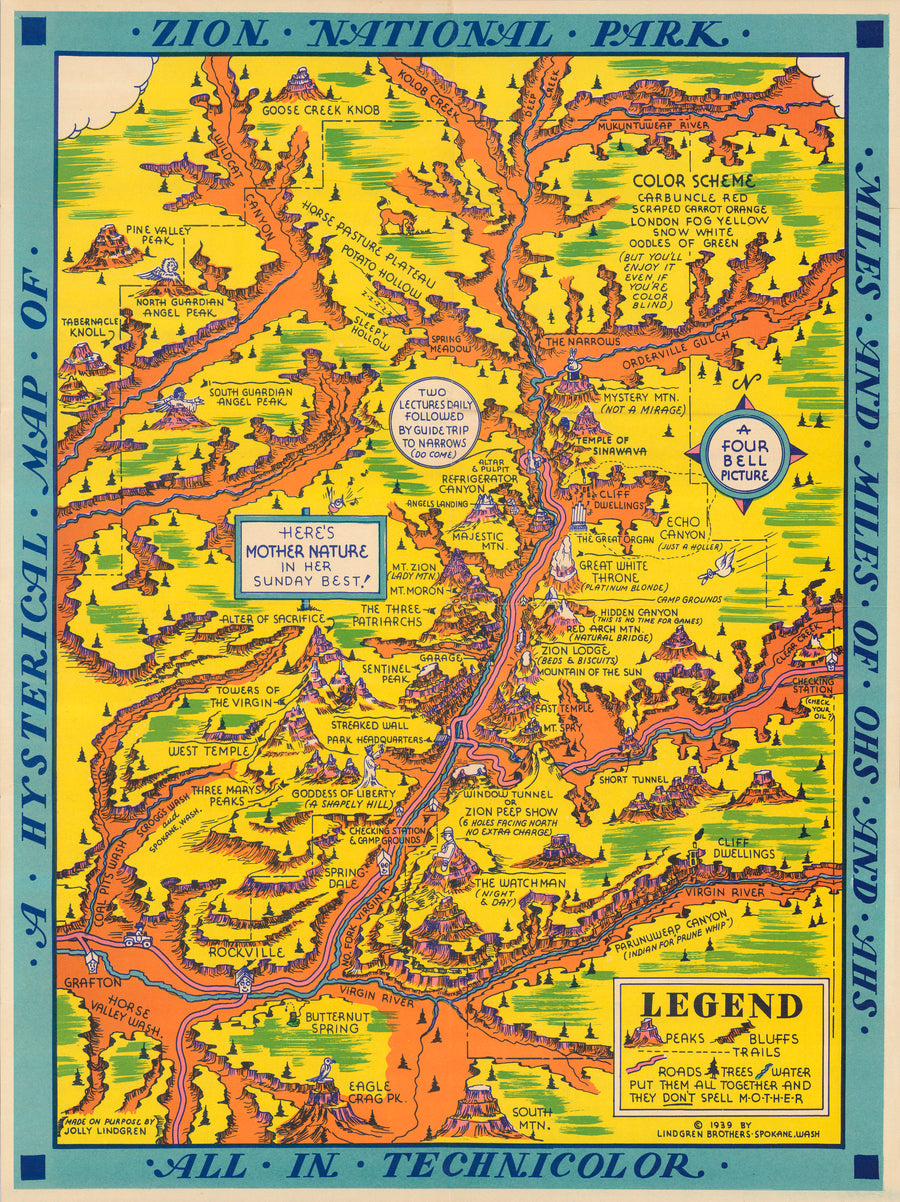 Vintage Map Reproduction: A hysterical map of Zion National Park by Lindgren Brothers, 1939