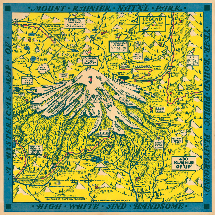 Vintage Map Reproduction: A Hysterical Map of Mount Rainier National Park. Year Around Public Playground. High White and Handsome. By: The Lindgren Brothers,1940