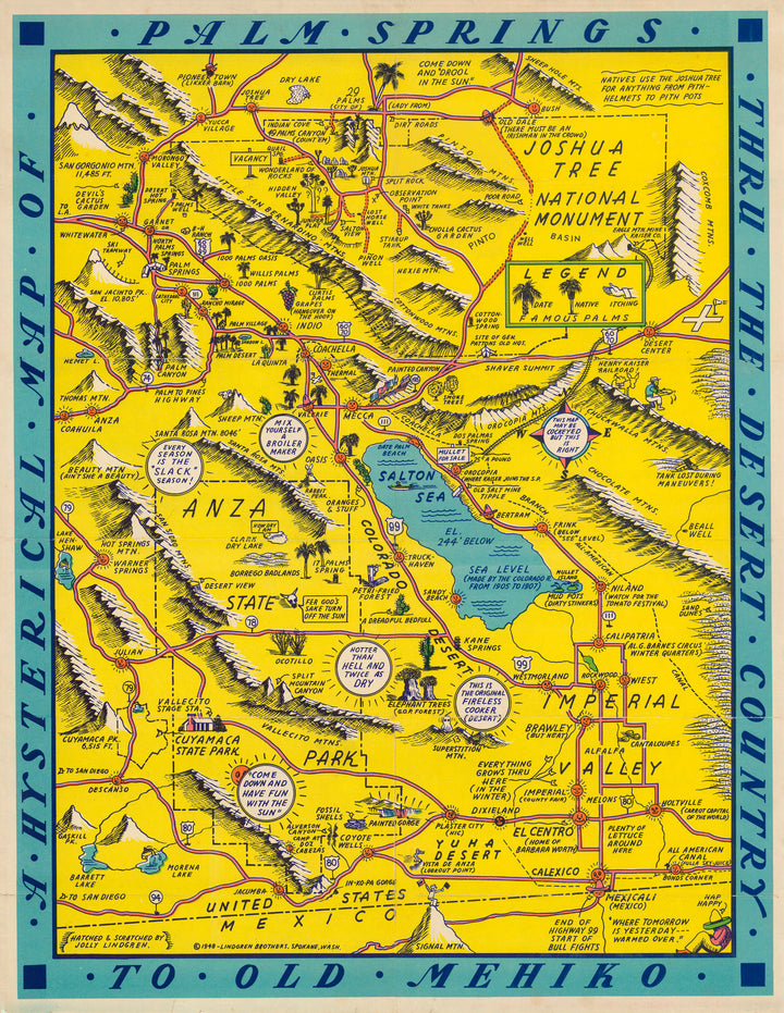 Vintage Map Reproduction: A Hysterical map of Palm Springs thru the desert country to old Mehiko. By: The Lindgren Brothers, 1948