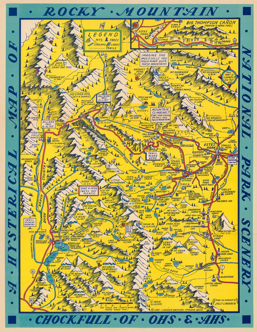 Vintage Map Reproduction: A Hysterical Map of Rocky Mountain National Park Scenery, Chockfull of Ohs & Ahs. By: The Lindgren Brothers, 1948 