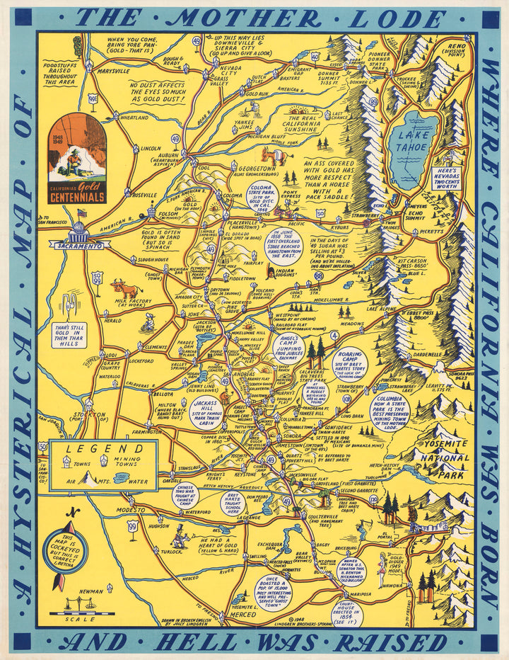 Vintage Map Reproduction: A Hysterical Map of the Mother Lode : Where California was Born, and Hell was Raised. By: The Lindgren Brothers, 1948