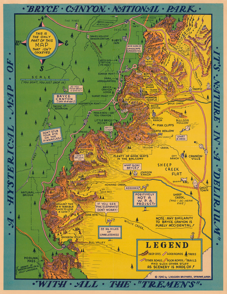 Vintage Map Reproduction: A Hysterical Map of Bryce Canyon National Park. It's Nature in a Delirium with All the Tremens By: The Lindgren Brothers, 1948