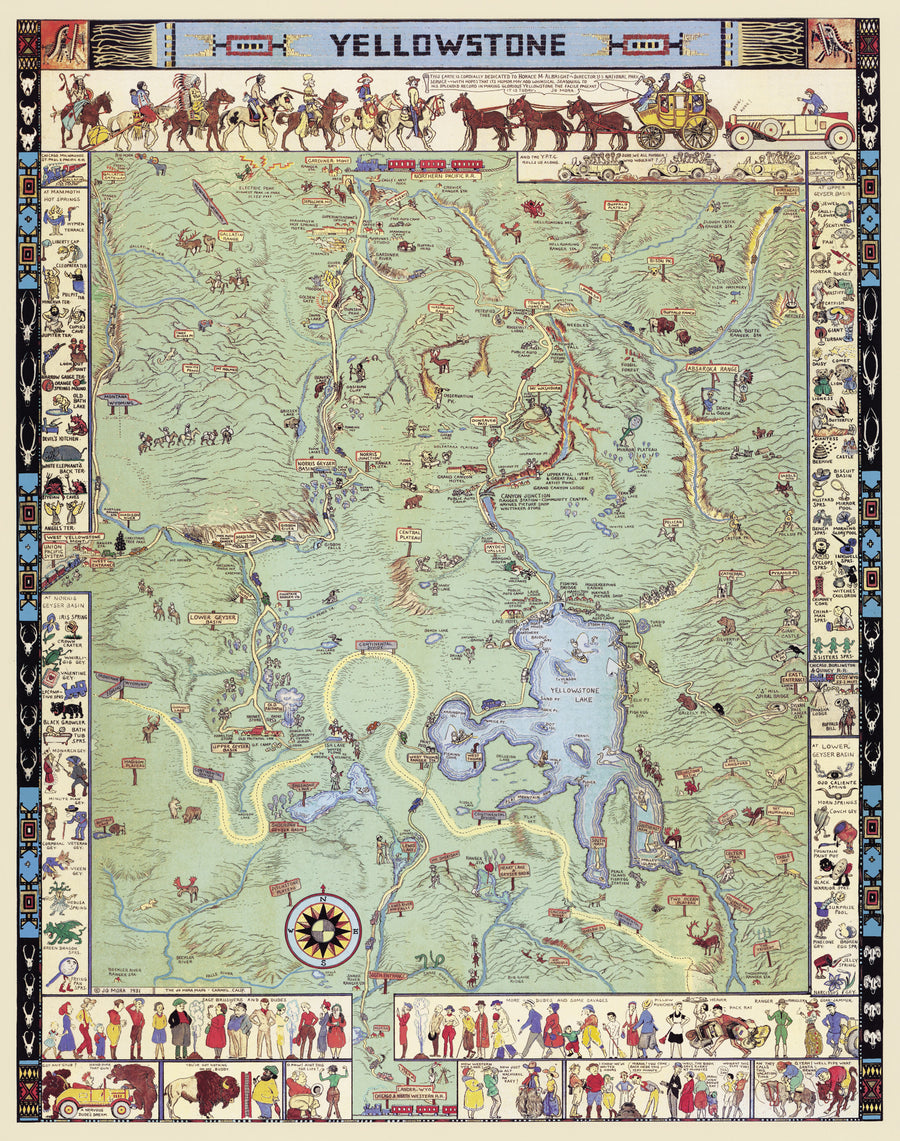 Yellowstone by Jo Mora, 1931 - Fine Print Reproduction of historic pictorial map of Yellowstone