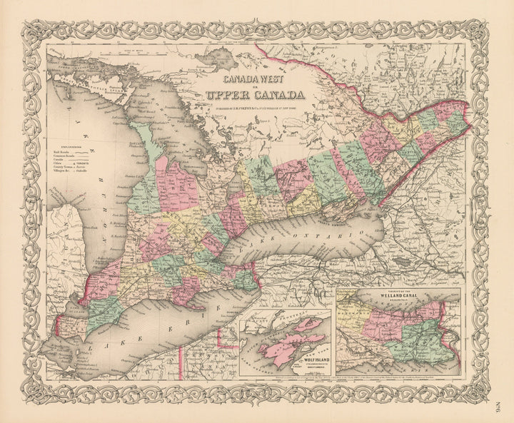 Vintage Map Print of Canada West or Upper Canada - Ontario Canada by: Joseph H. Colton, 1856