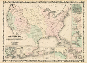 Vintage Map Print: Johnson's New Military Map of the United States Showing the Forts Military Posts & All the Military Divisions with Enlarged Plans of Southern Harbors from Authentic Data Obtained at the War Department, 1861