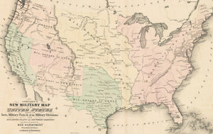 Vintage Map Print: Johnson's New Military Map of the United States Showing the Forts Military Posts & All the Military Divisions with Enlarged Plans of Southern Harbors from Authentic Data Obtained at the War Department, 1861